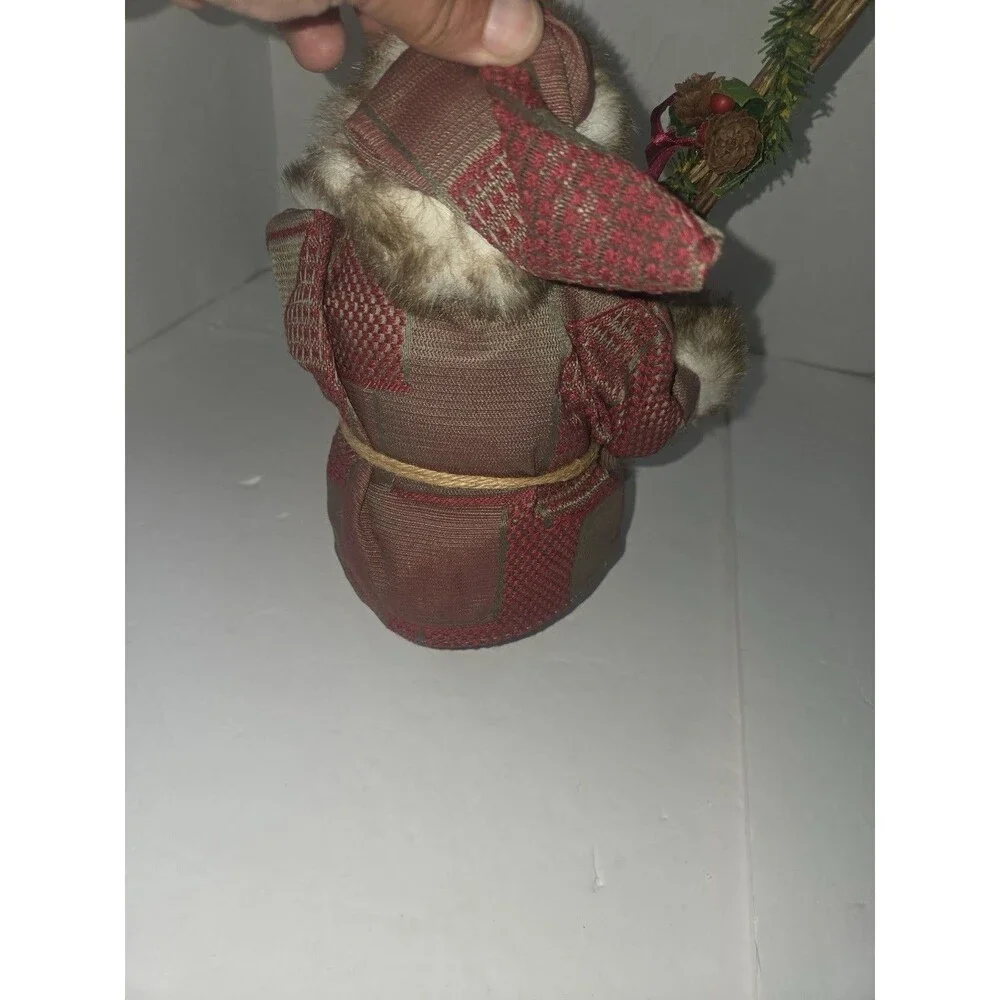 Rustic Santa Claus Fabric & Faux Fur Figurine w/ Bell & Staff Indoor Decor